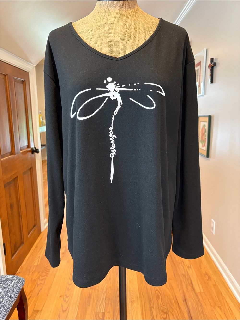Black Long Sleeve Top with White Dragonfly Graphic